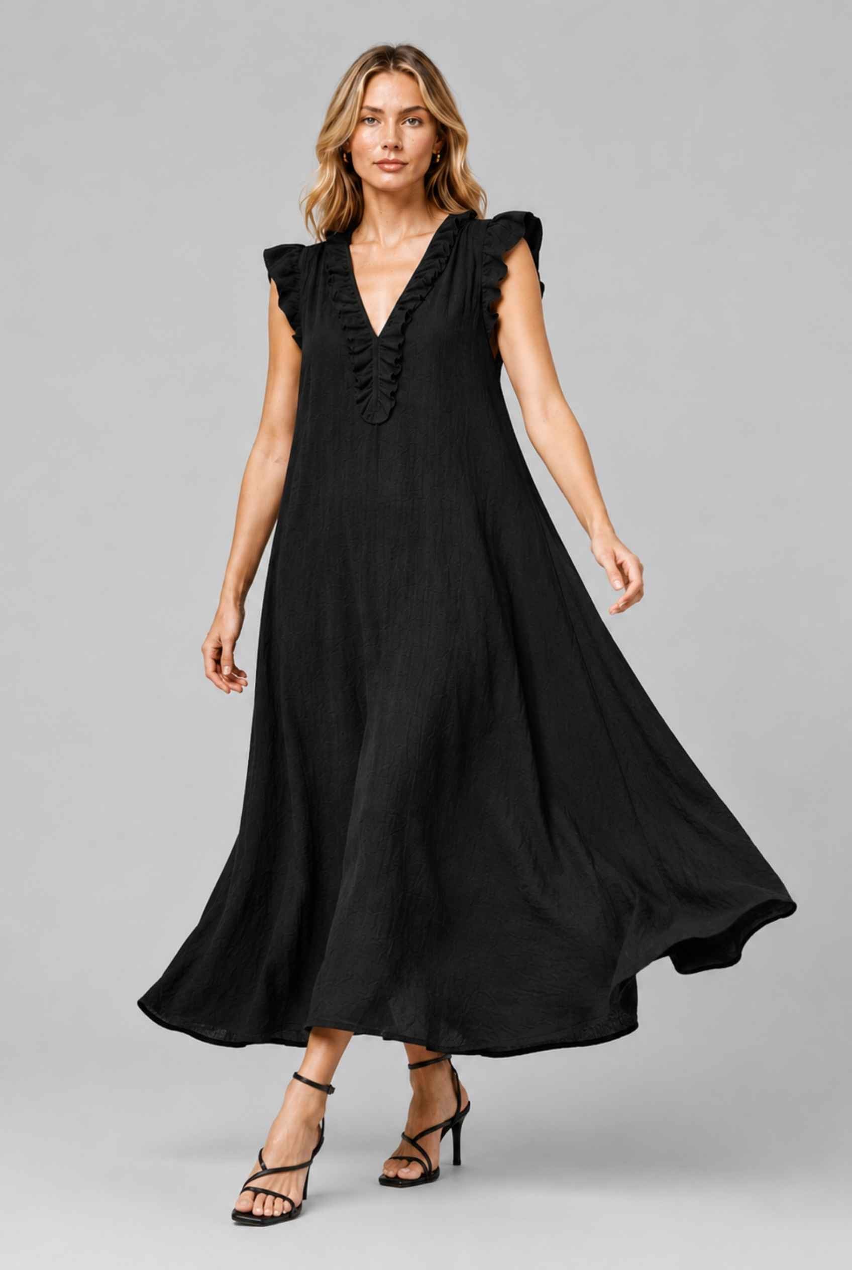 Virtual Model wearing The Gemma Ruffle Maxi Ruffle Cap Sleeve Black V-Neck Maxi Dress