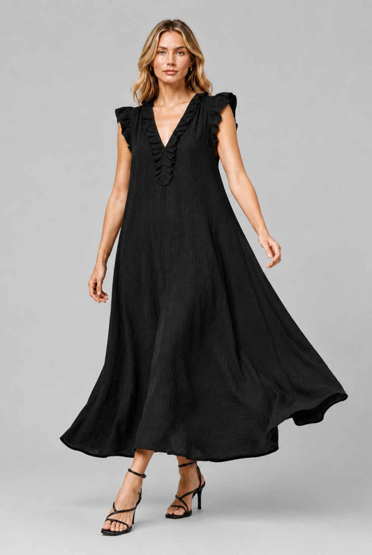 Virtual Model wearing The Gemma Ruffle Maxi Ruffle Cap Sleeve Black V-Neck Maxi Dress