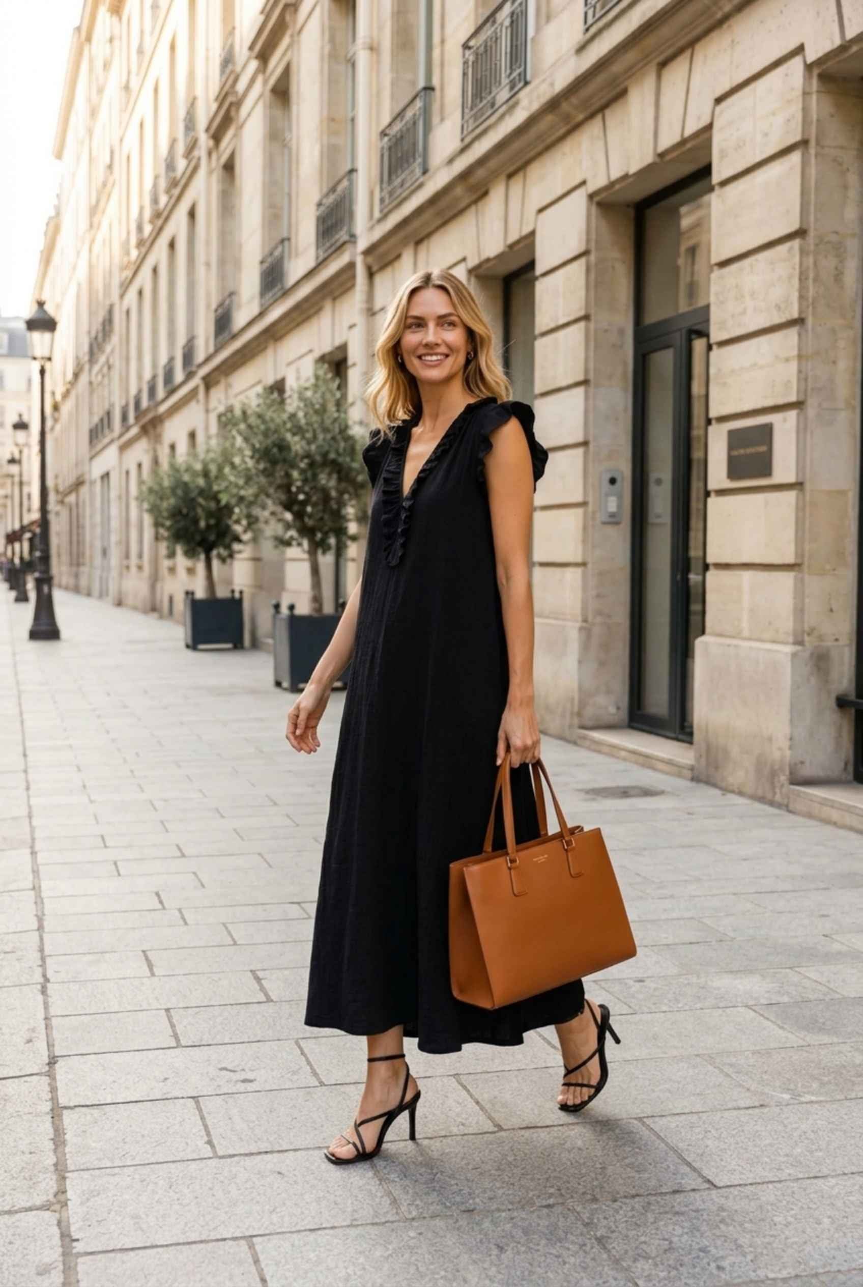 Virtual Model wearing The Gemma Ruffle Maxi Ruffle Cap Sleeve Black V-Neck Maxi Dress