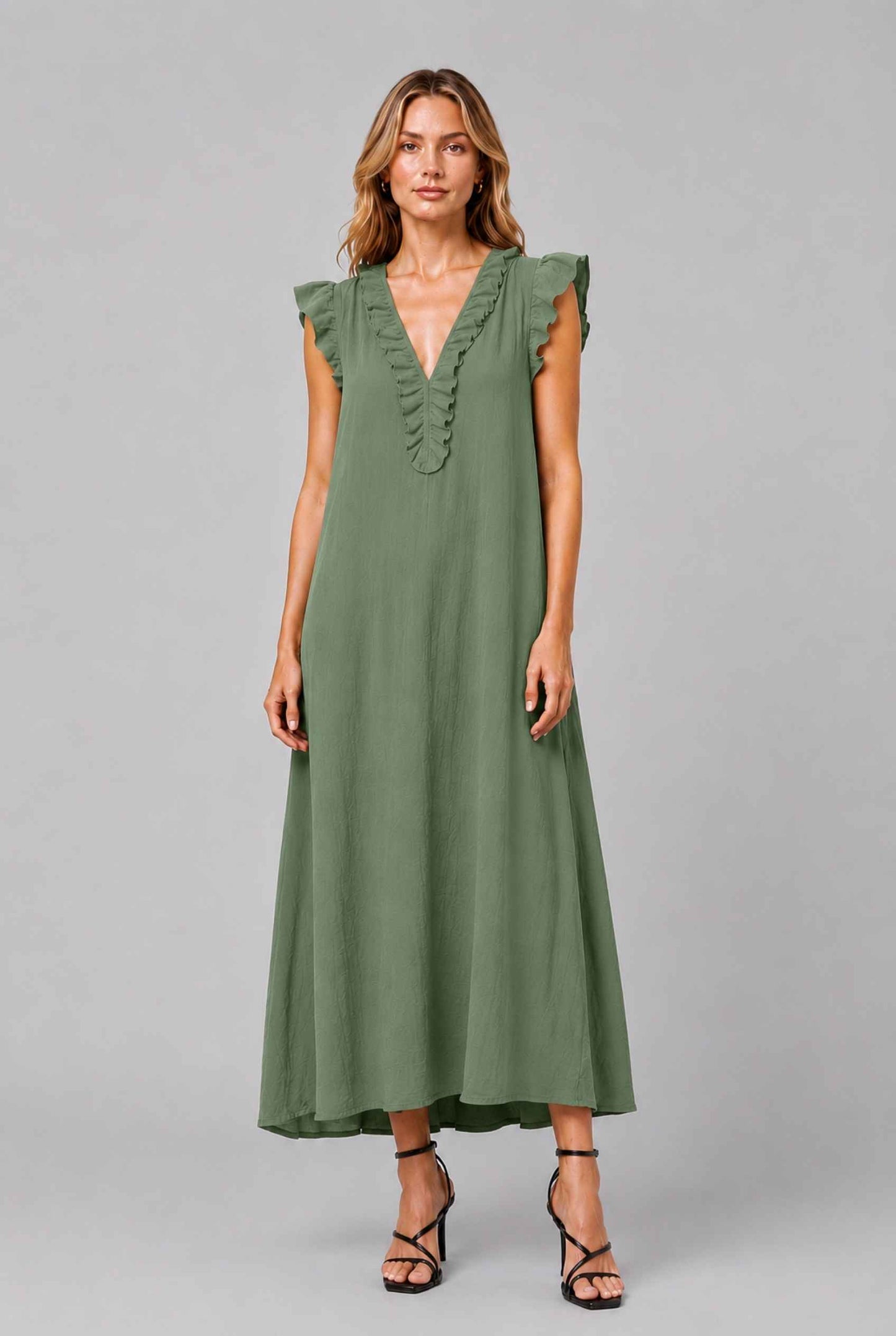 Virtual Model wearing The Gemma Ruffle Maxi Ruffle Cap Sleeve Green V-Neck Maxi Dress