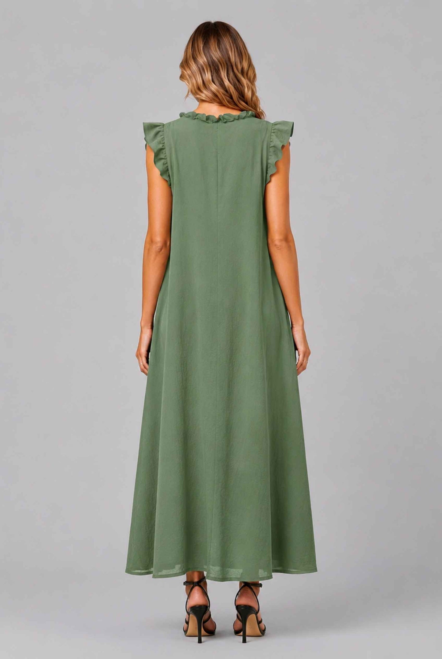 Virtual Model wearing The Gemma Ruffle Maxi Ruffle Cap Sleeve Green V-Neck Maxi Dress