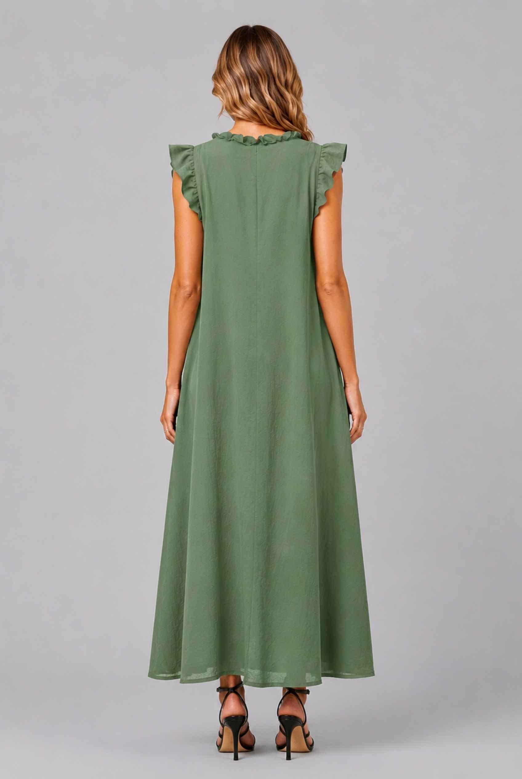 Virtual Model wearing The Gemma Ruffle Maxi Ruffle Cap Sleeve Green V-Neck Maxi Dress