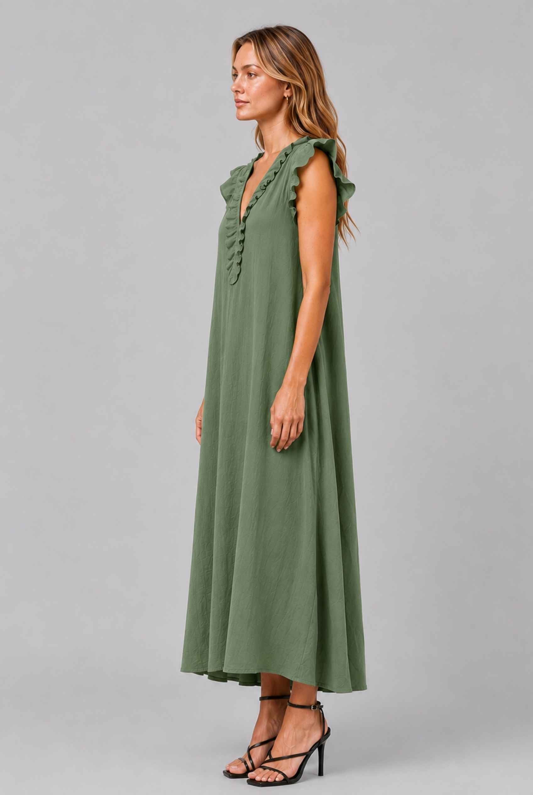 Virtual Model wearing The Gemma Ruffle Maxi Ruffle Cap Sleeve Green V-Neck Maxi Dress