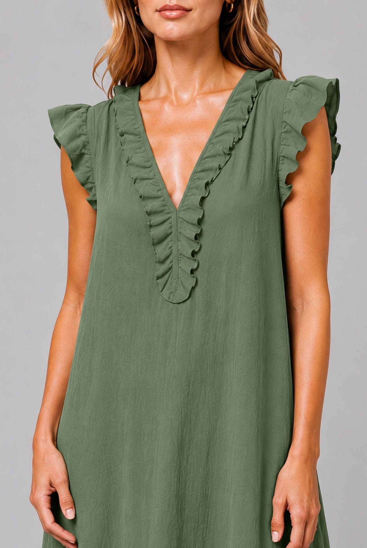 Virtual Model wearing The Gemma Ruffle Maxi Ruffle Cap Sleeve Green V-Neck Maxi Dress
