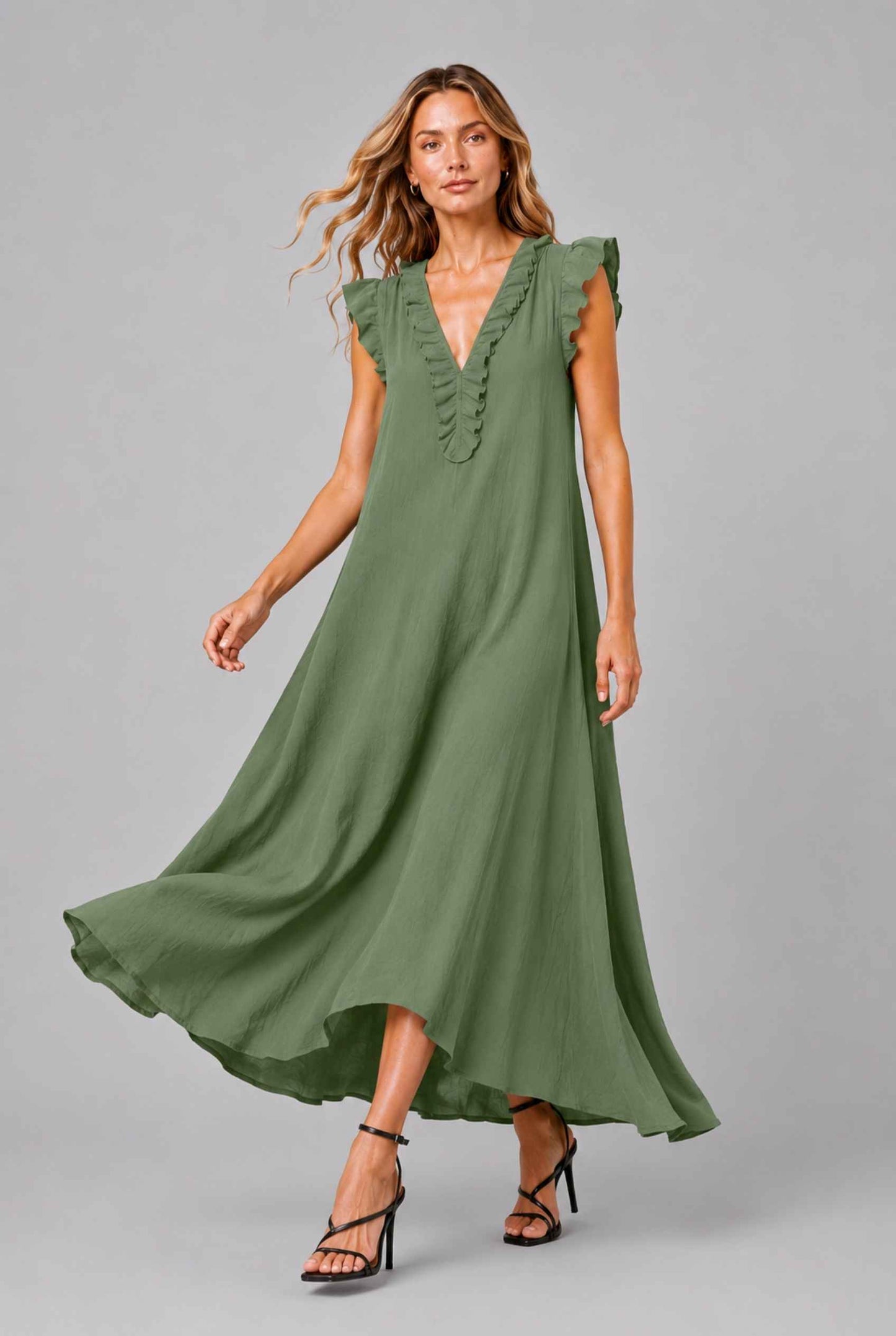 Virtual Model wearing The Gemma Ruffle Maxi Ruffle Cap Sleeve Green V-Neck Maxi Dress