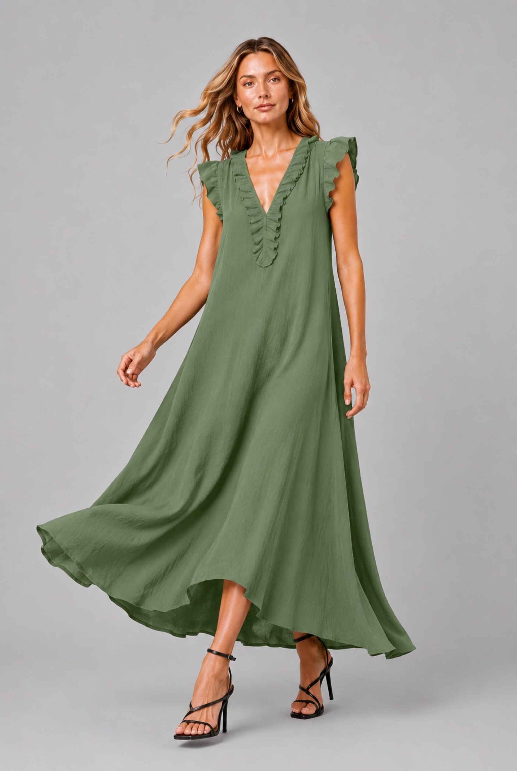 Virtual Model wearing The Gemma Ruffle Maxi Ruffle Cap Sleeve Green V-Neck Maxi Dress