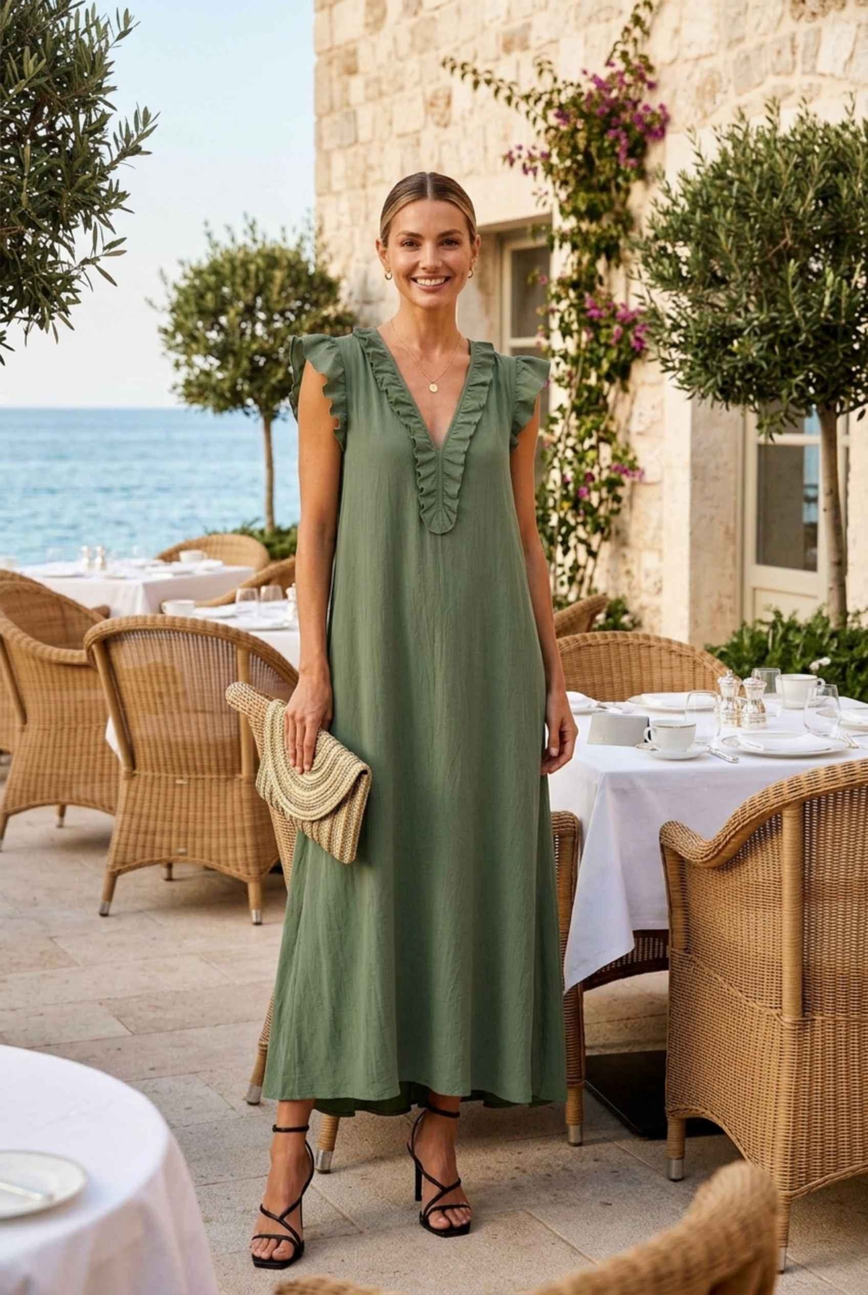 Virtual Model wearing The Gemma Ruffle Maxi Ruffle Cap Sleeve Green V-Neck Maxi Dress