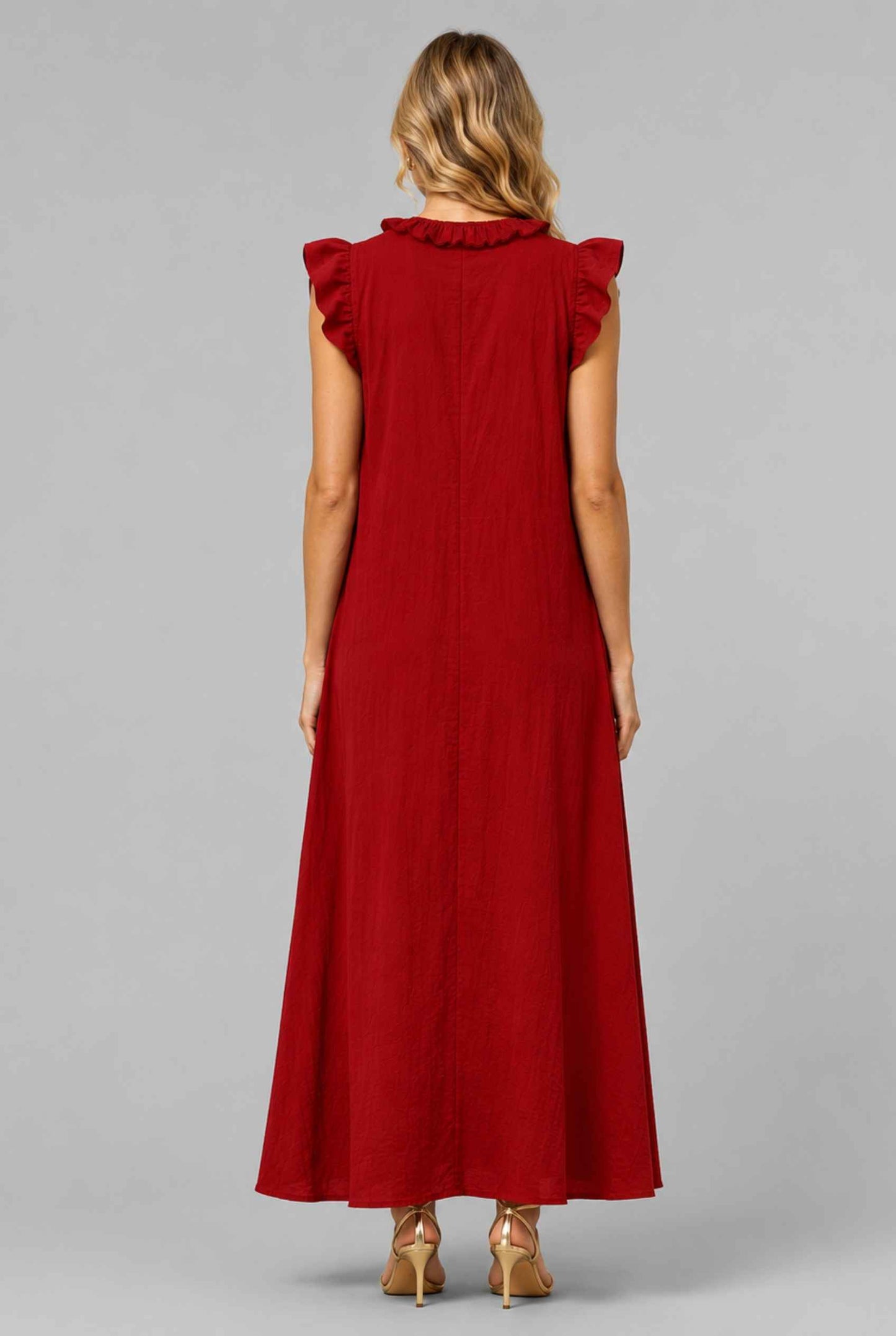 Virtual Model wearing The Gemma Ruffle Maxi Ruffle Cap Sleeve Red V-Neck Maxi Dress