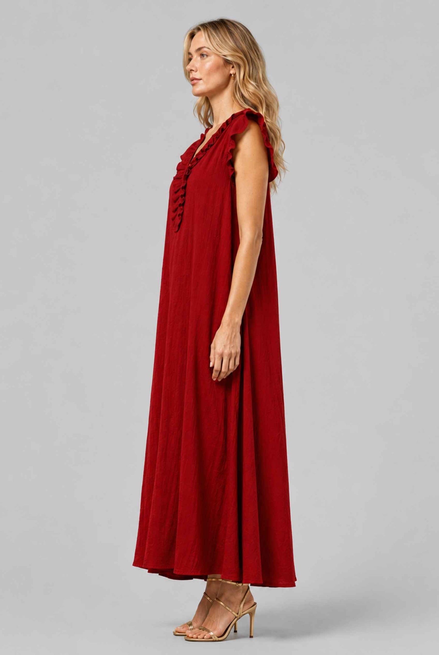 Virtual Model wearing The Gemma Ruffle Maxi Ruffle Cap Sleeve Red V-Neck Maxi Dress