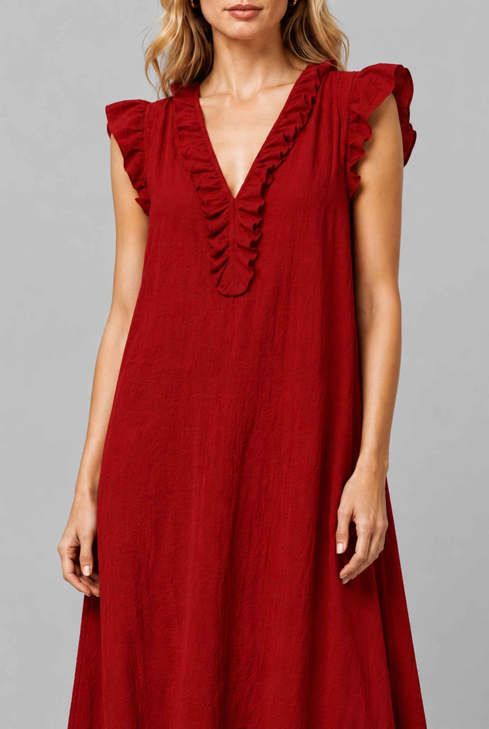 Virtual Model wearing The Gemma Ruffle Maxi Ruffle Cap Sleeve Red V-Neck Maxi Dress