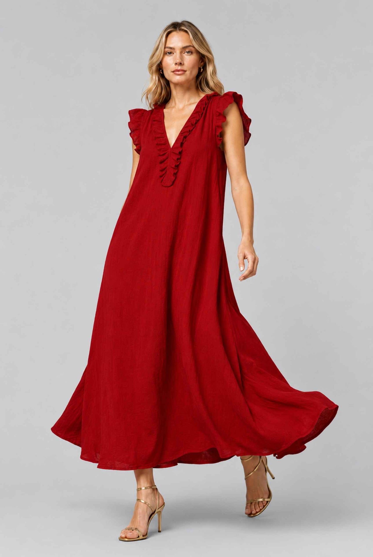 Virtual Model wearing The Gemma Ruffle Maxi Ruffle Cap Sleeve Red V-Neck Maxi Dress