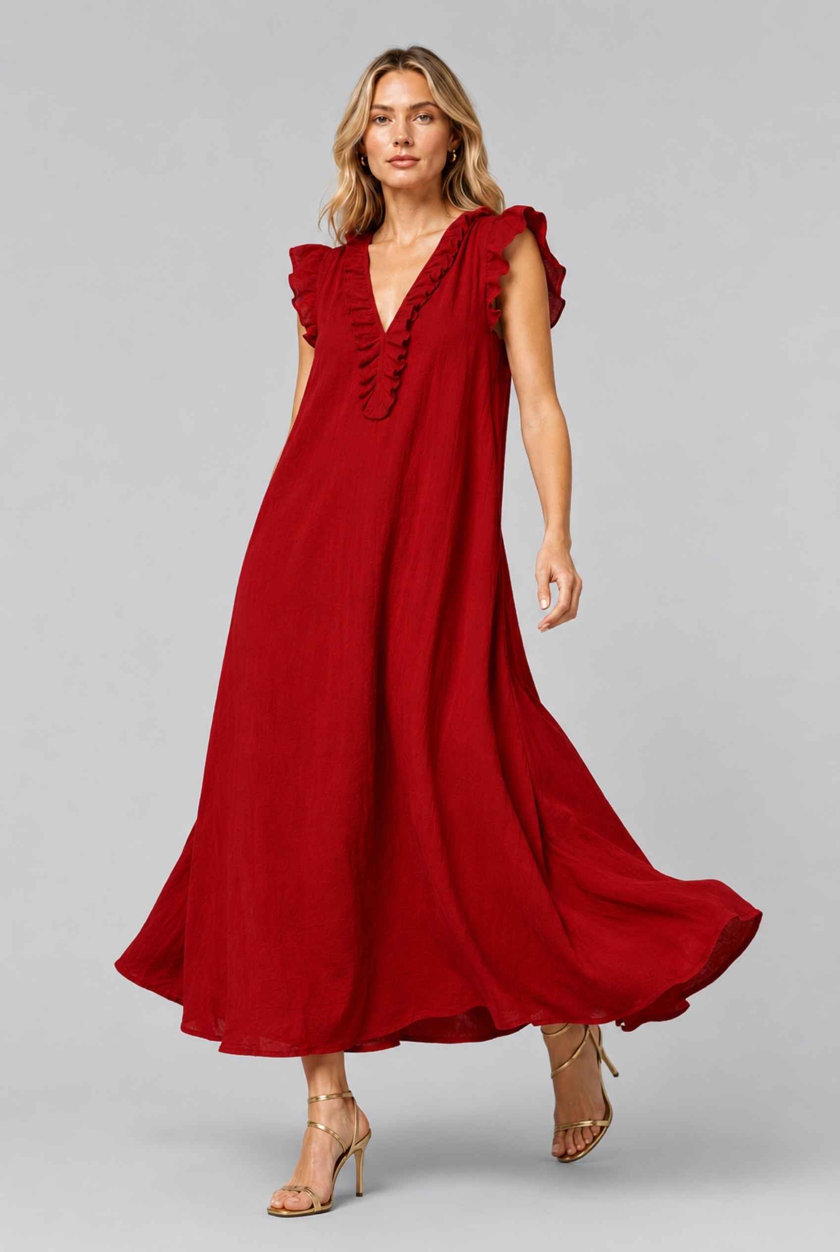 Virtual Model wearing The Gemma Ruffle Maxi Ruffle Cap Sleeve Red V-Neck Maxi Dress