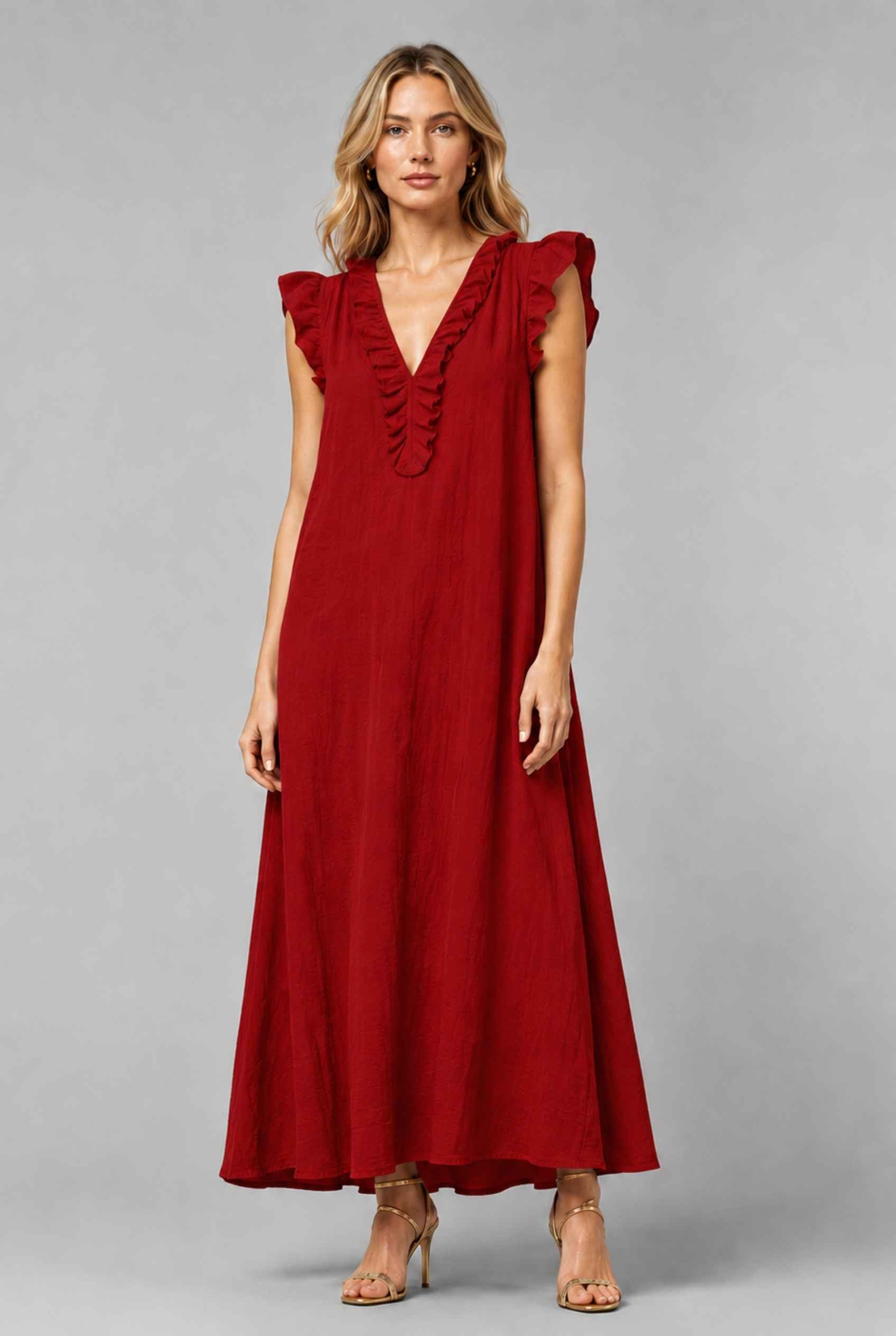 Virtual Model wearing The Gemma Ruffle Maxi Ruffle Cap Sleeve Red V-Neck Maxi Dress