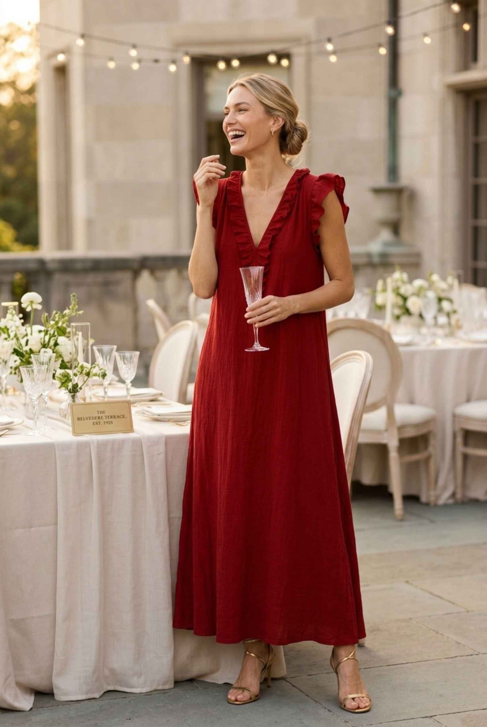 Virtual Model wearing The Gemma Ruffle Maxi Ruffle Cap Sleeve Red V-Neck Maxi Dress