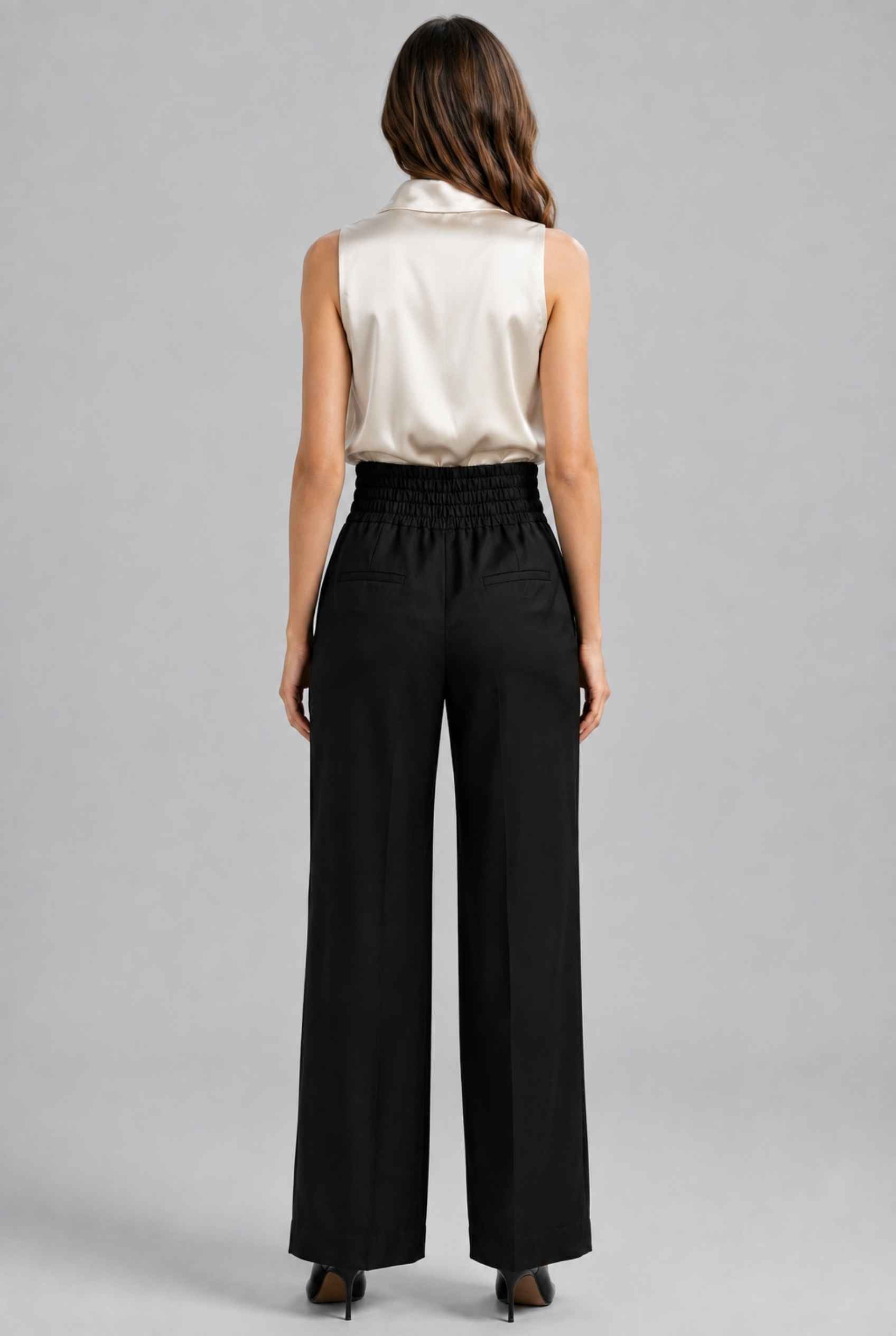 Virtual Model Wearing The Geneva Satin Bow Blouse Satin Bow Neck Beige Sleeveless Top