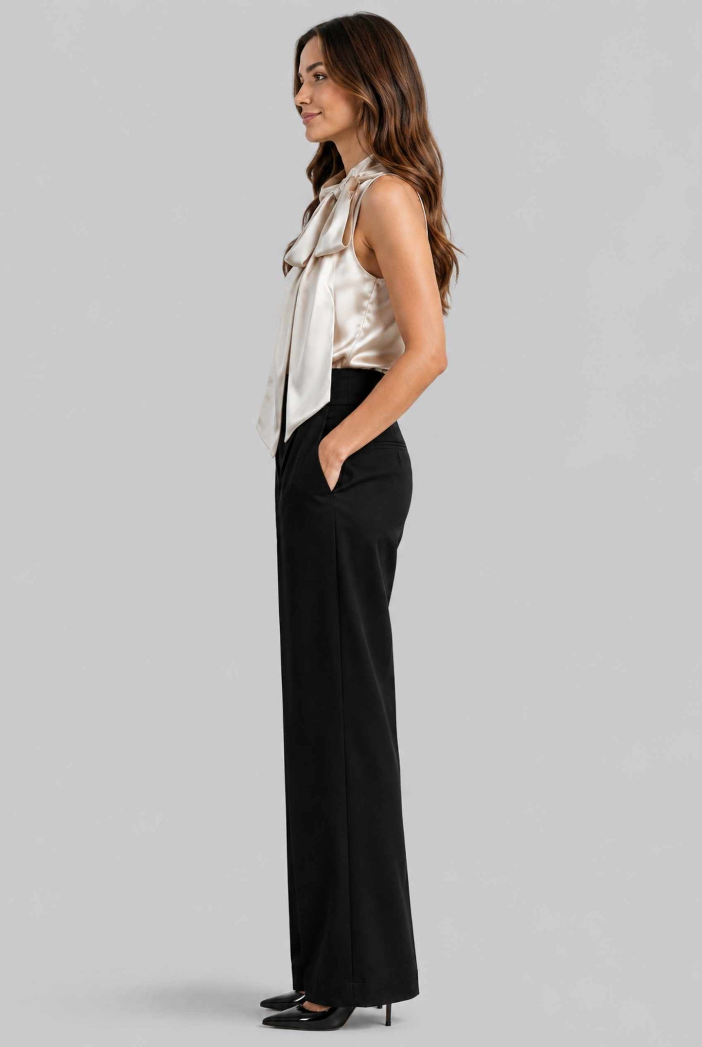 Virtual Model Wearing The Geneva Satin Bow Blouse Satin Bow Neck Beige Sleeveless Top