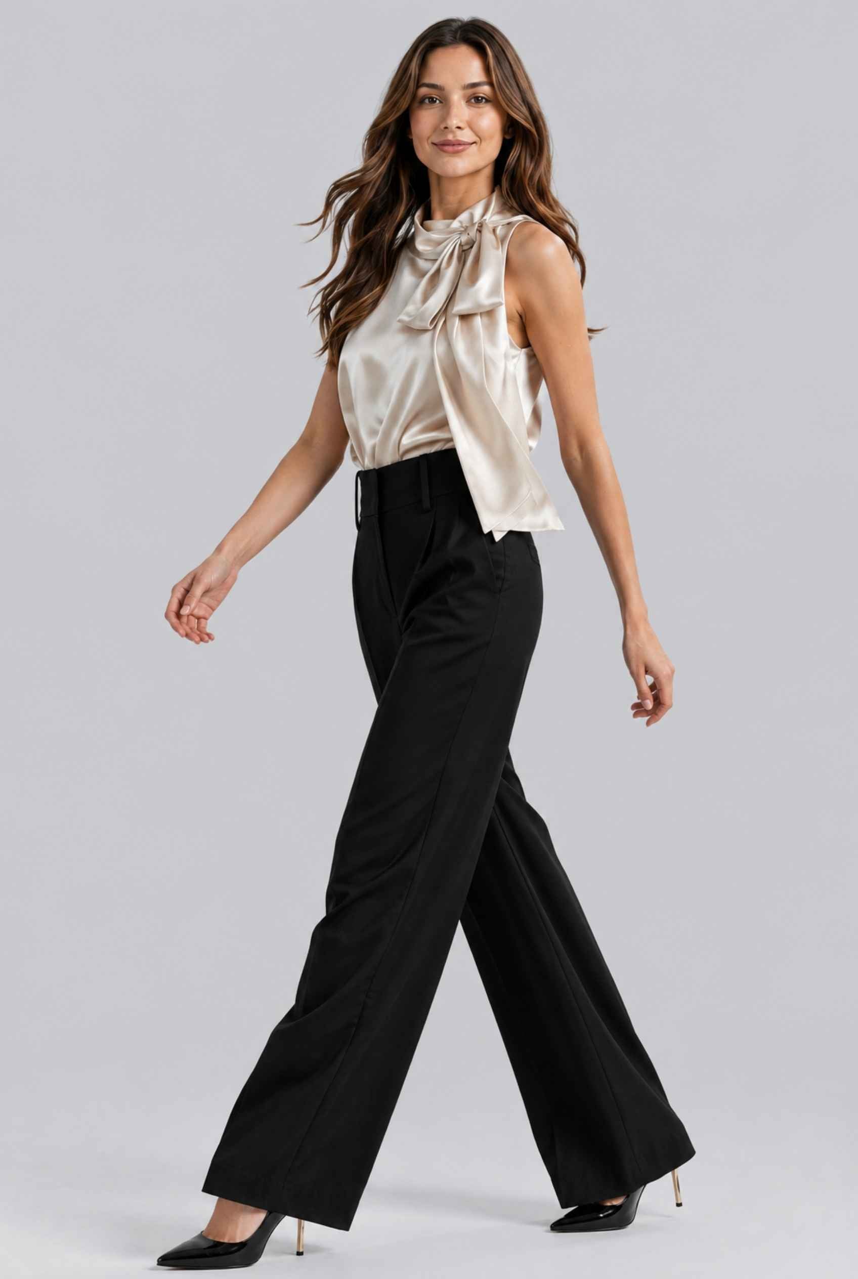 Virtual Model Wearing The Geneva Satin Bow Blouse Satin Bow Neck Beige Sleeveless Top