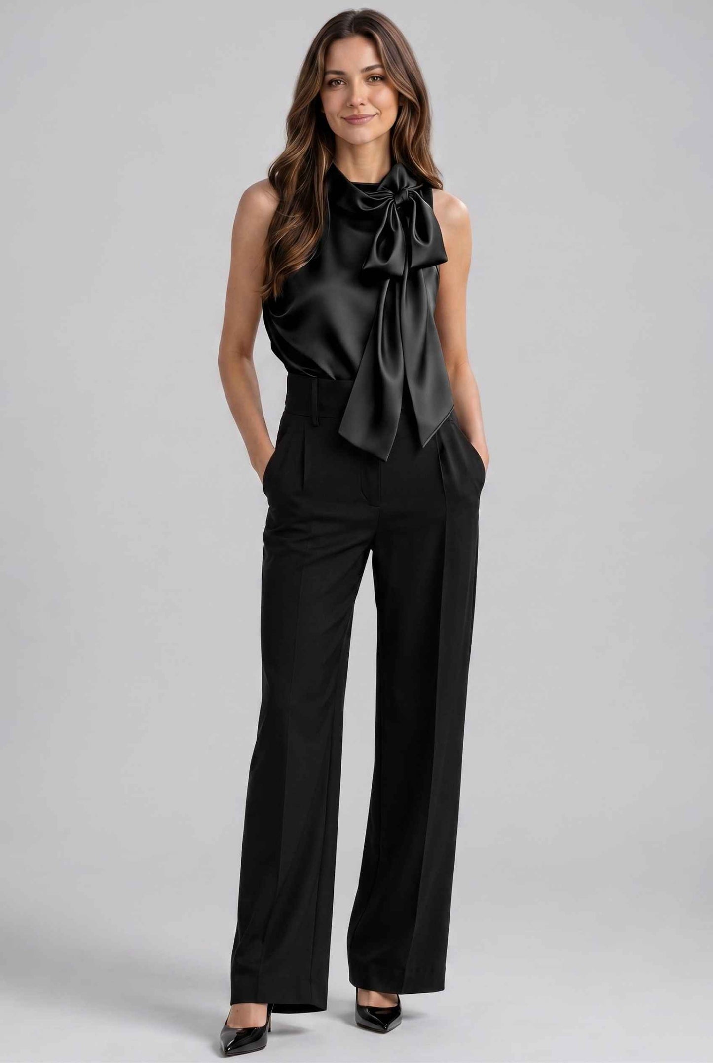 Virtual Model Wearing The Geneva Satin Bow Blouse Satin Bow Neck Black Sleeveless Top