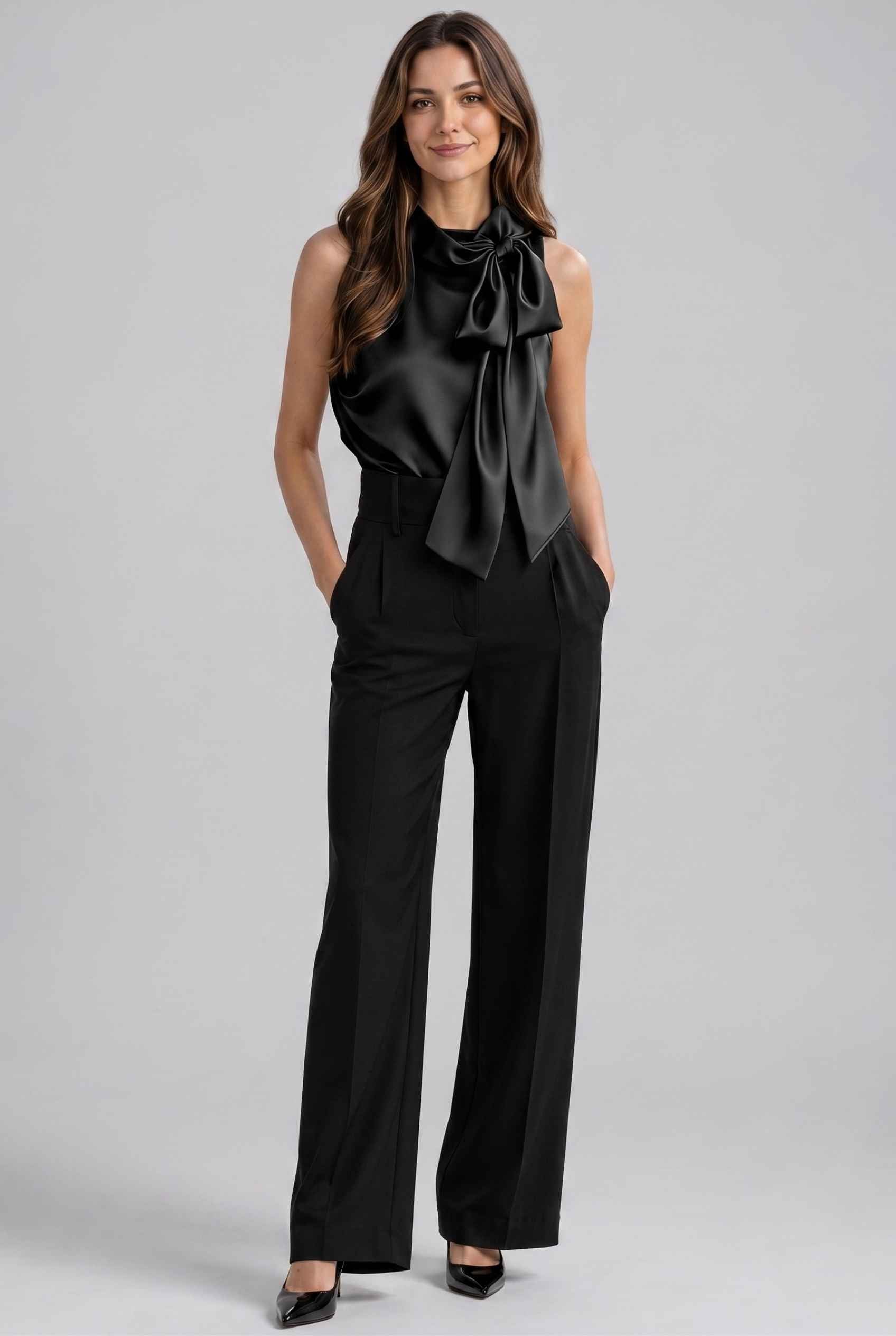 Virtual Model Wearing The Geneva Satin Bow Blouse Satin Bow Neck Black Sleeveless Top