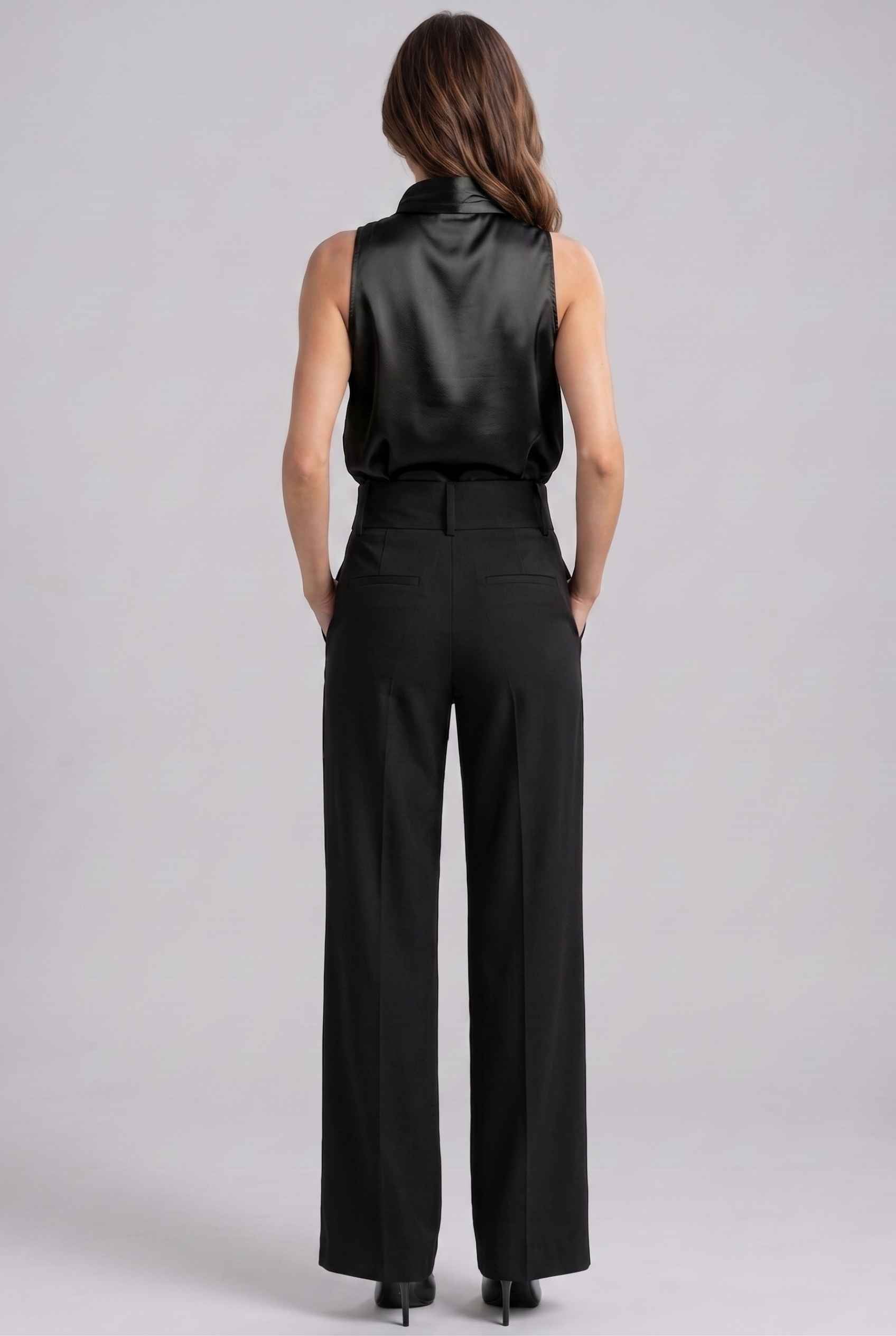 Virtual Model Wearing The Geneva Satin Bow Blouse Satin Bow Neck Black Sleeveless Top
