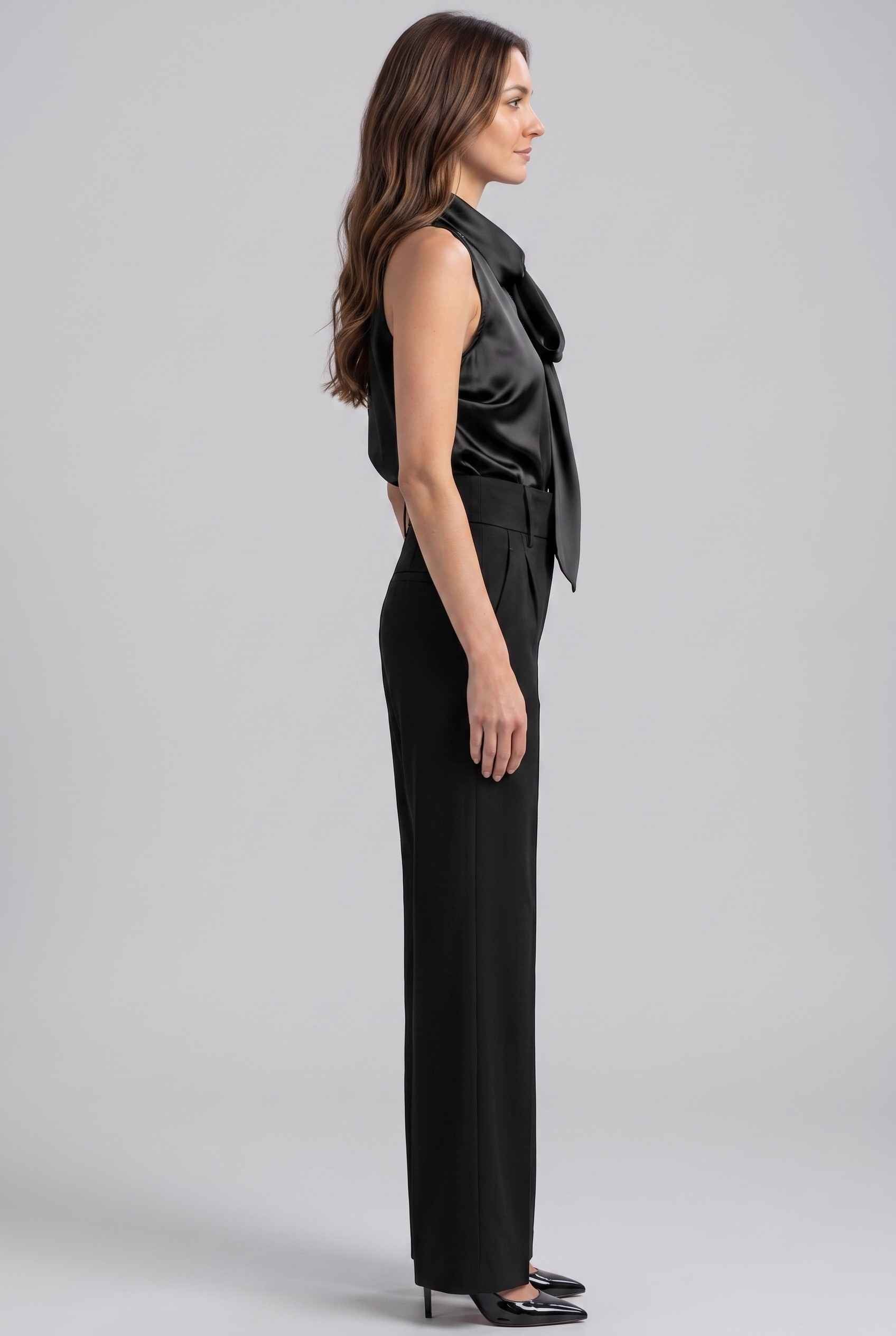 Virtual Model Wearing The Geneva Satin Bow Blouse Satin Bow Neck Black Sleeveless Top
