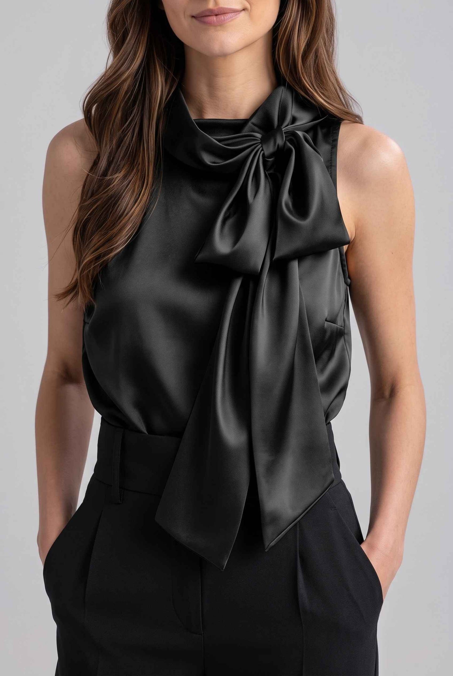 Virtual Model Wearing The Geneva Satin Bow Blouse Satin Bow Neck Black Sleeveless Top