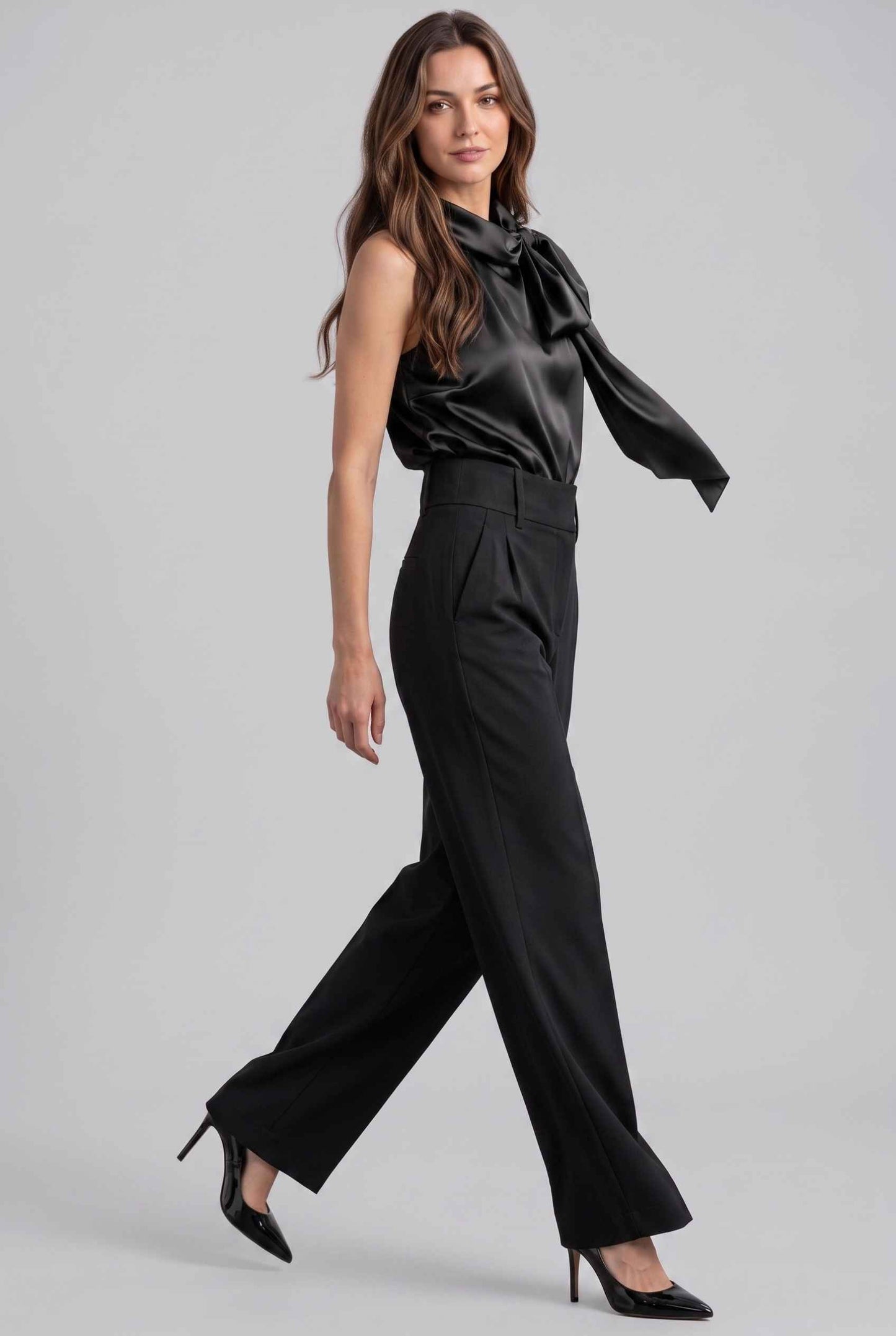 Virtual Model Wearing The Geneva Satin Bow Blouse Satin Bow Neck Black Sleeveless Top