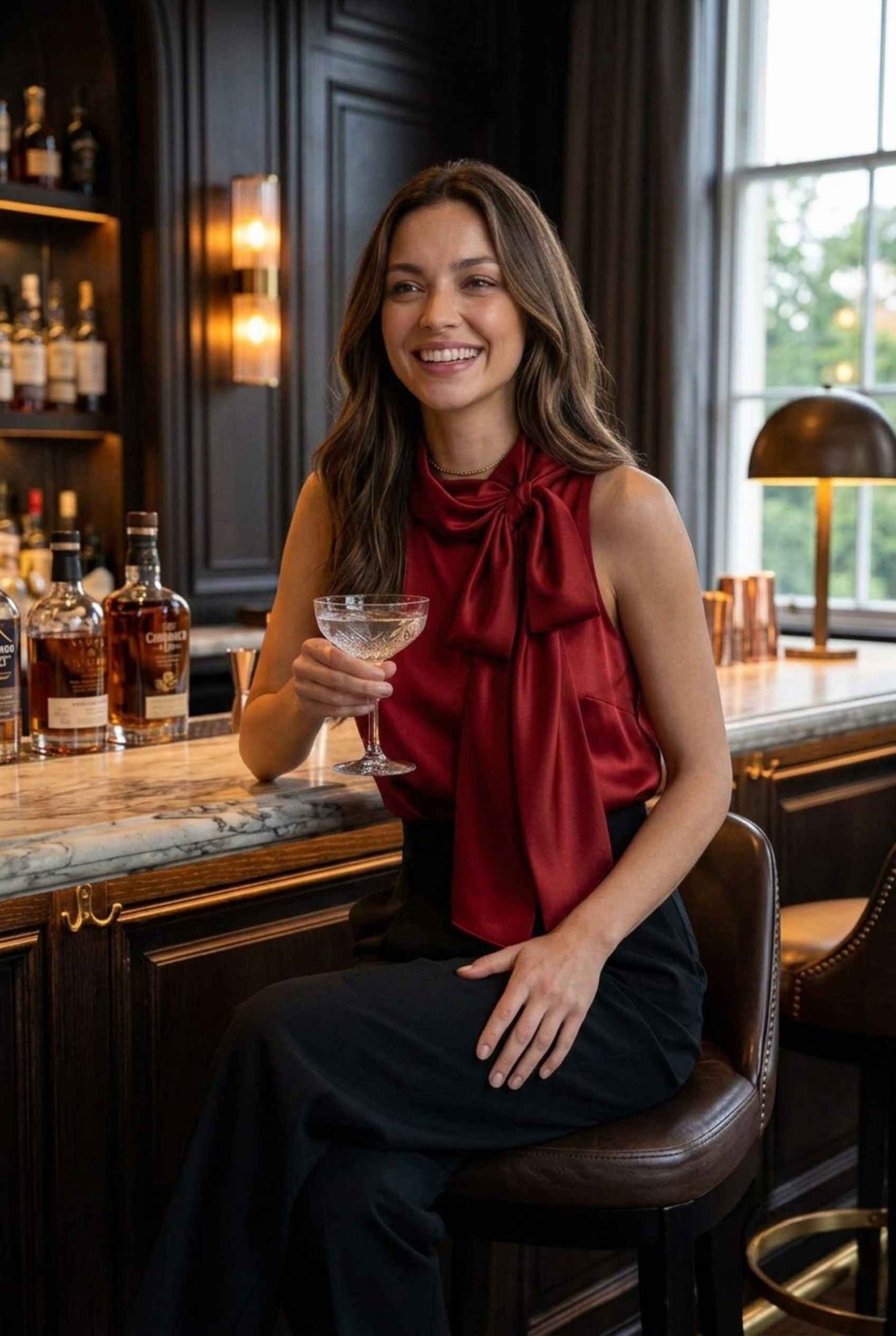 Virtual Model Wearing The Geneva Satin Bow Blouse Satin Bow Neck Red Sleeveless Top