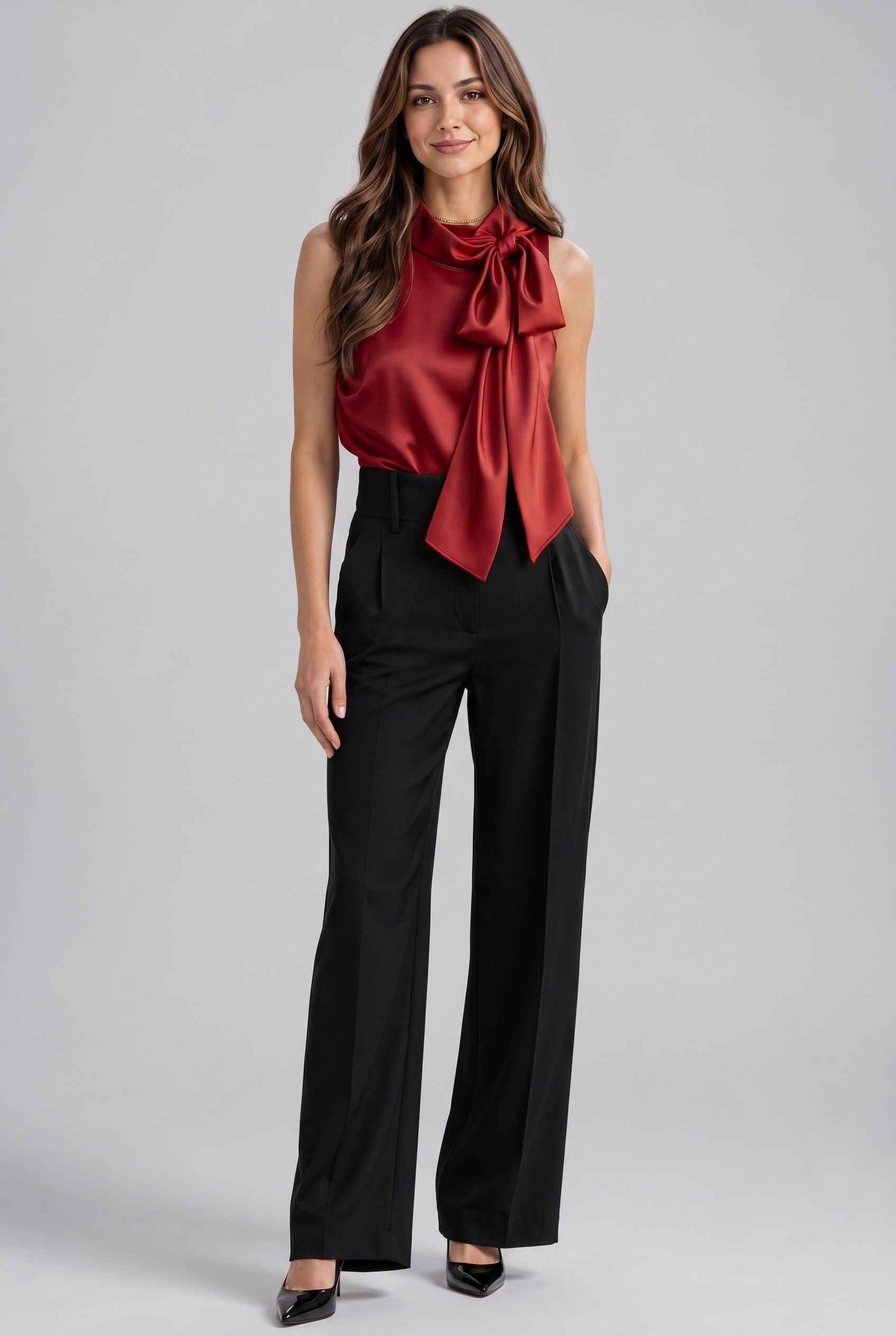 Virtual Model Wearing The Geneva Satin Bow Blouse Satin Bow Neck Red Sleeveless Top