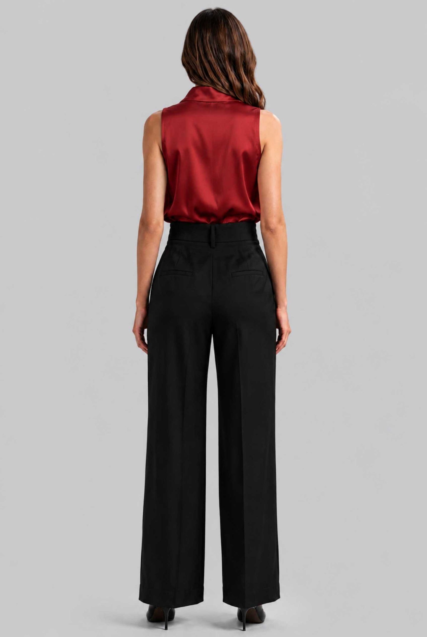 Virtual Model Wearing The Geneva Satin Bow Blouse Satin Bow Neck Red Sleeveless Top