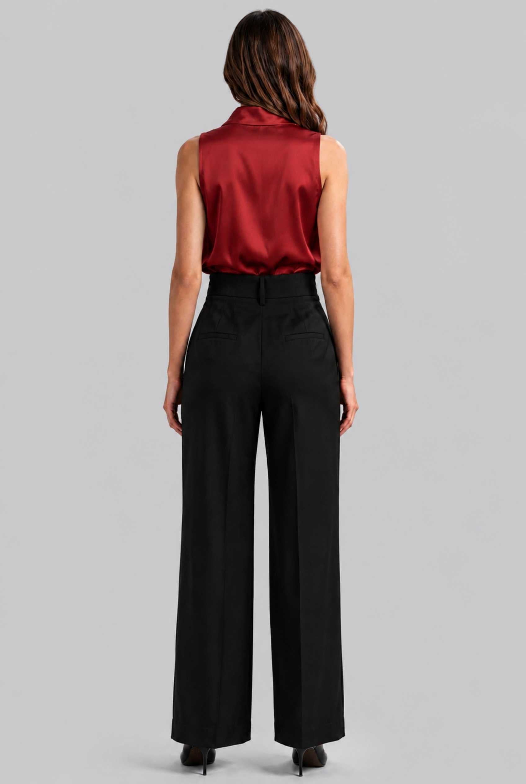 Virtual Model Wearing The Geneva Satin Bow Blouse Satin Bow Neck Red Sleeveless Top