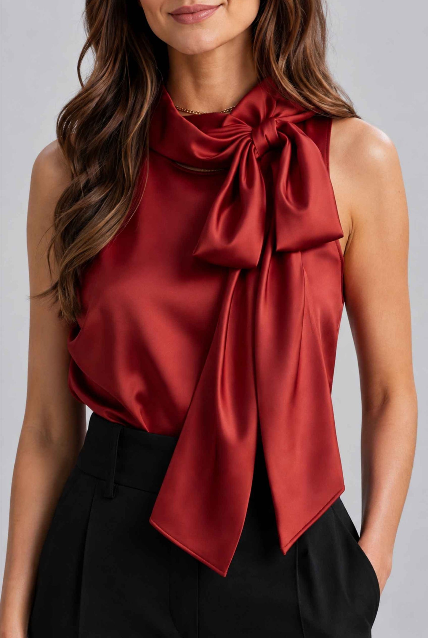 Virtual Model Wearing The Geneva Satin Bow Blouse Satin Bow Neck Red Sleeveless Top