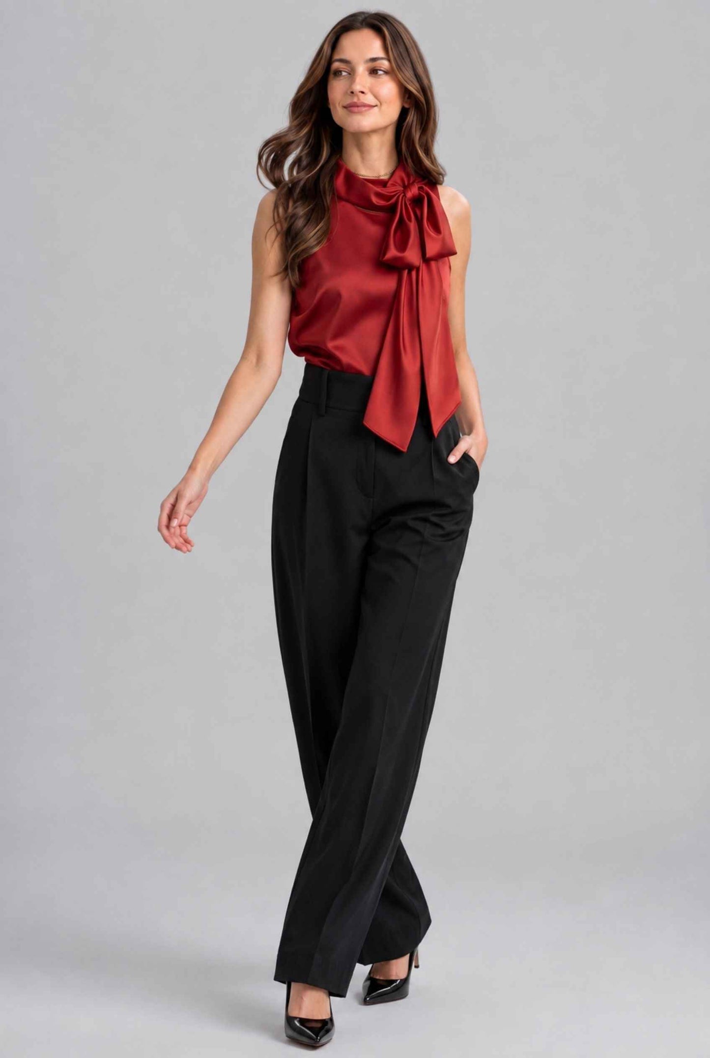 Virtual Model Wearing The Geneva Satin Bow Blouse Satin Bow Neck Red Sleeveless Top