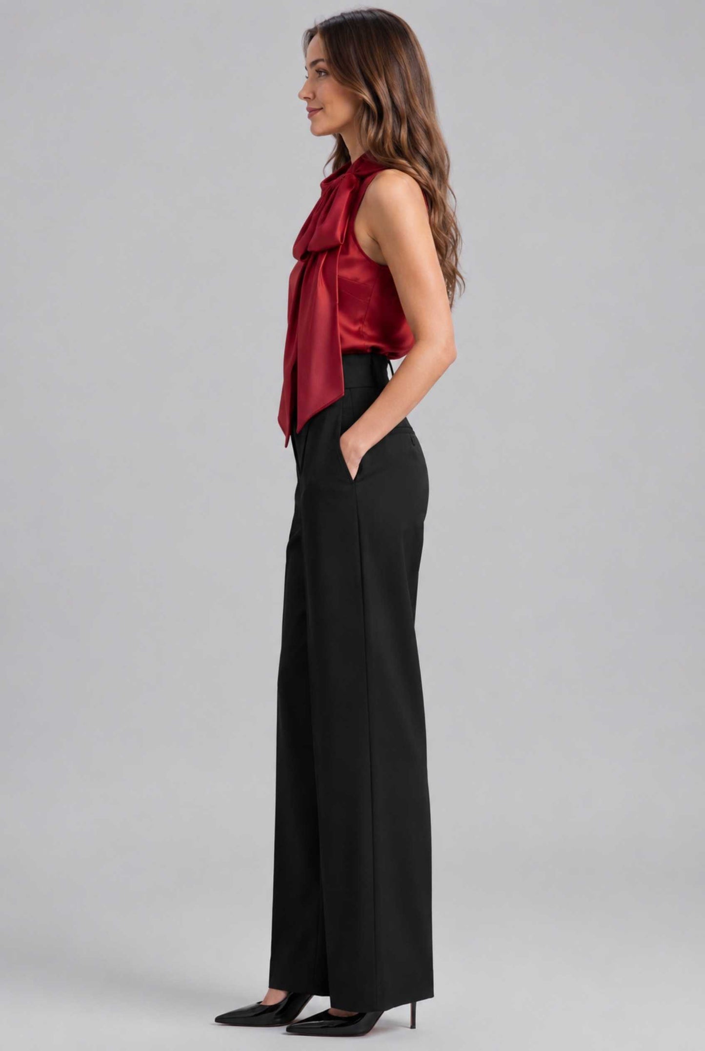 Virtual Model Wearing The Geneva Satin Bow Blouse Satin Bow Neck Red Sleeveless Top