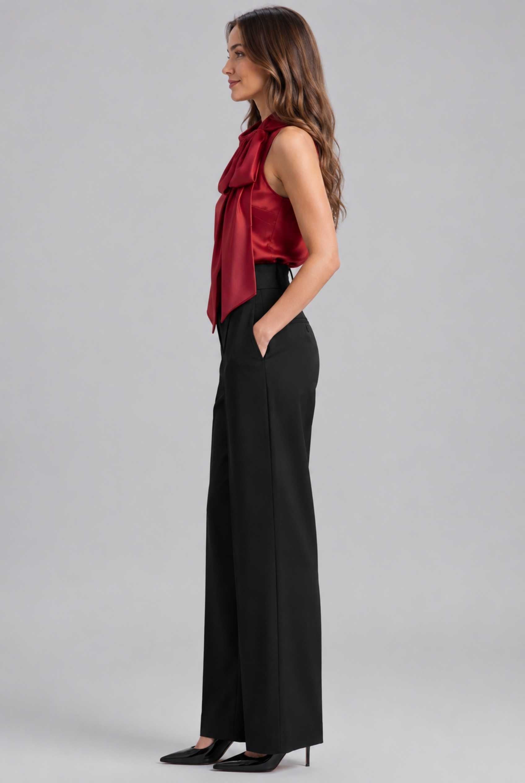 Virtual Model Wearing The Geneva Satin Bow Blouse Satin Bow Neck Red Sleeveless Top