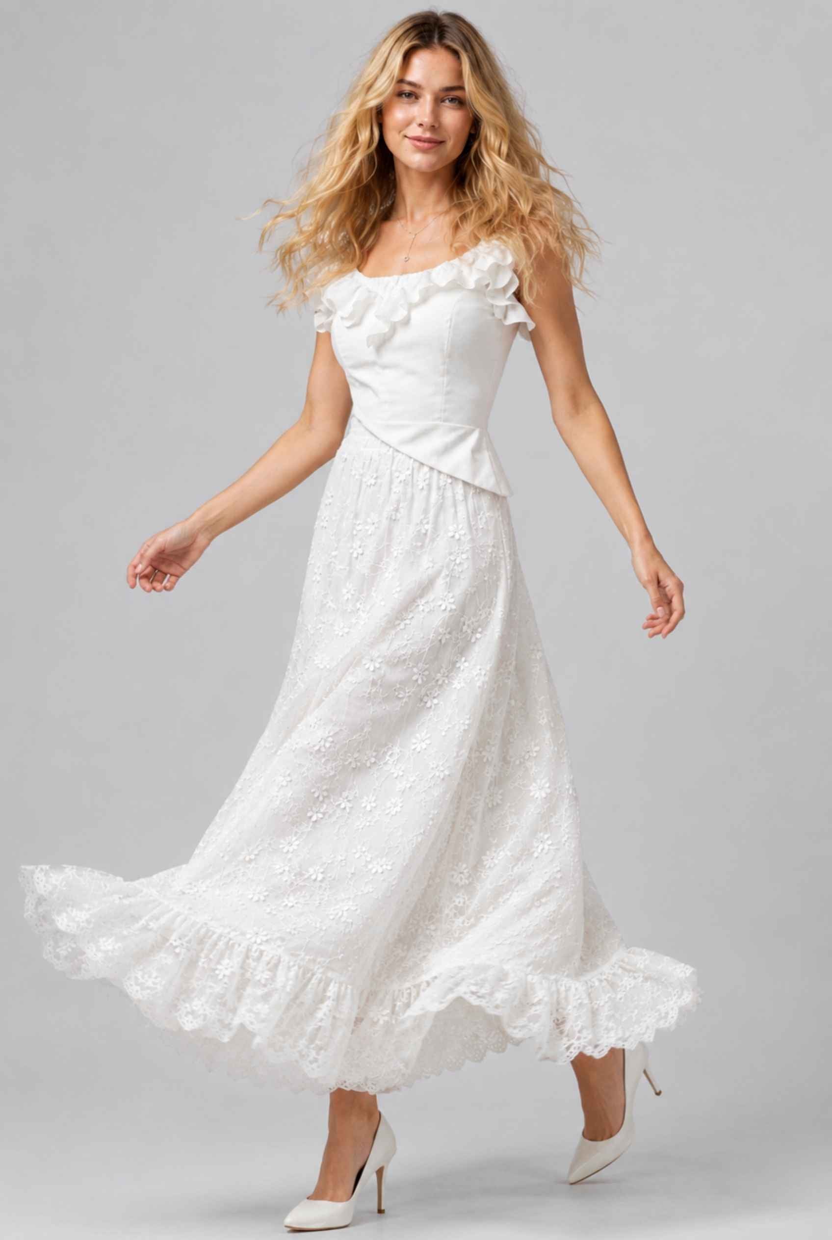 Virtual Model wearing The Genevieve Embroidered Skirt Floral Lace White Flowy Skirt