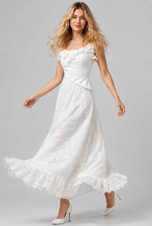 Virtual Model wearing The Genevieve Embroidered Skirt Floral Lace White Flowy Skirt