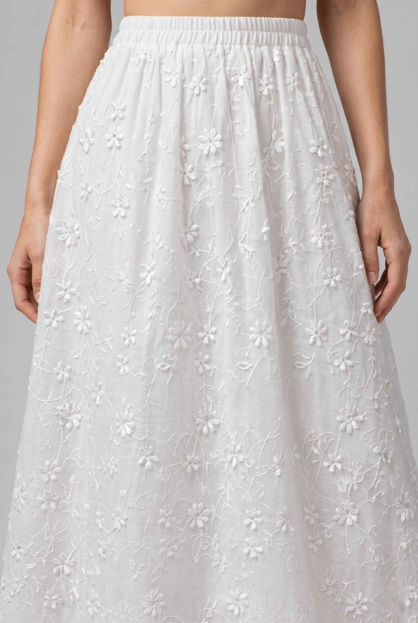 Virtual Model wearing The Genevieve Embroidered Skirt Floral Lace White Flowy Skirt