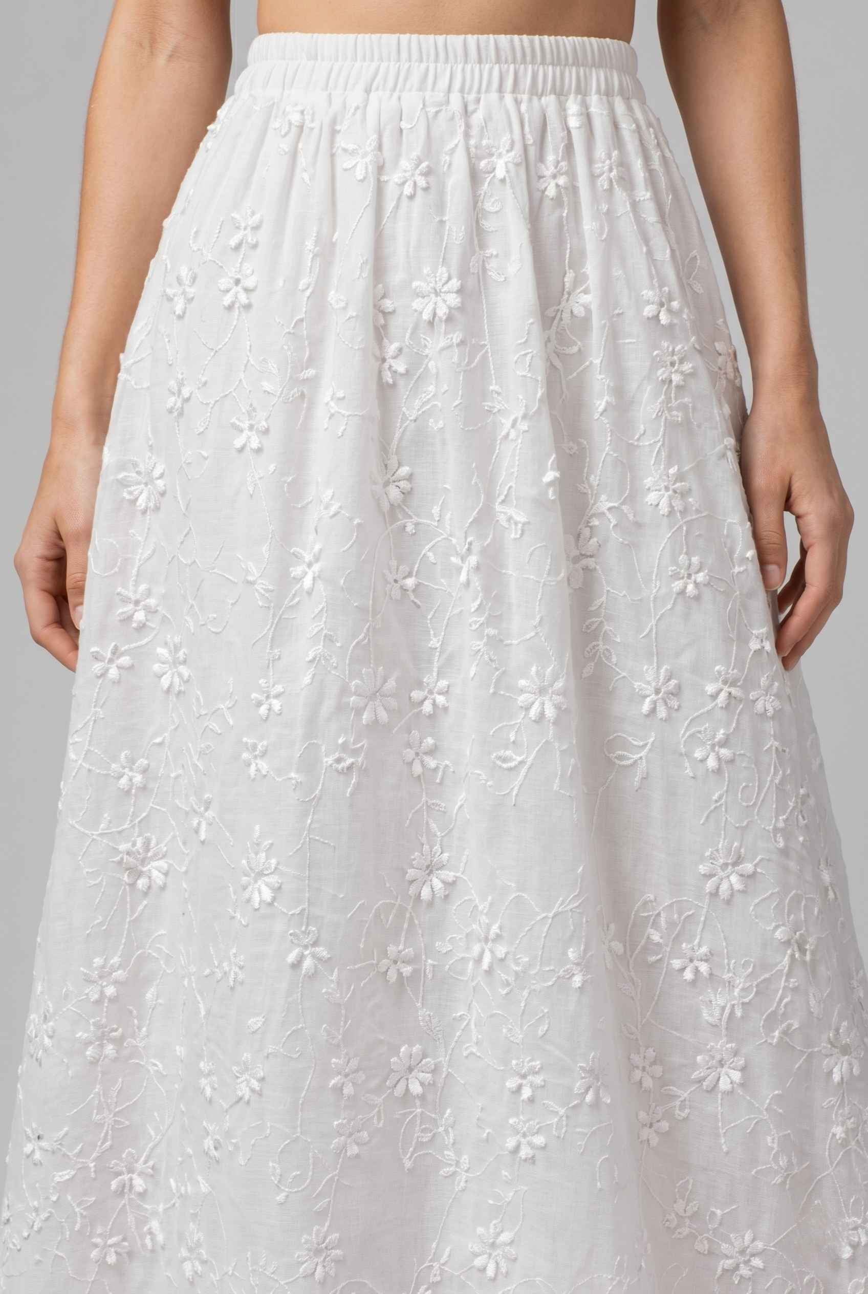 Virtual Model wearing The Genevieve Embroidered Skirt Floral Lace White Flowy Skirt