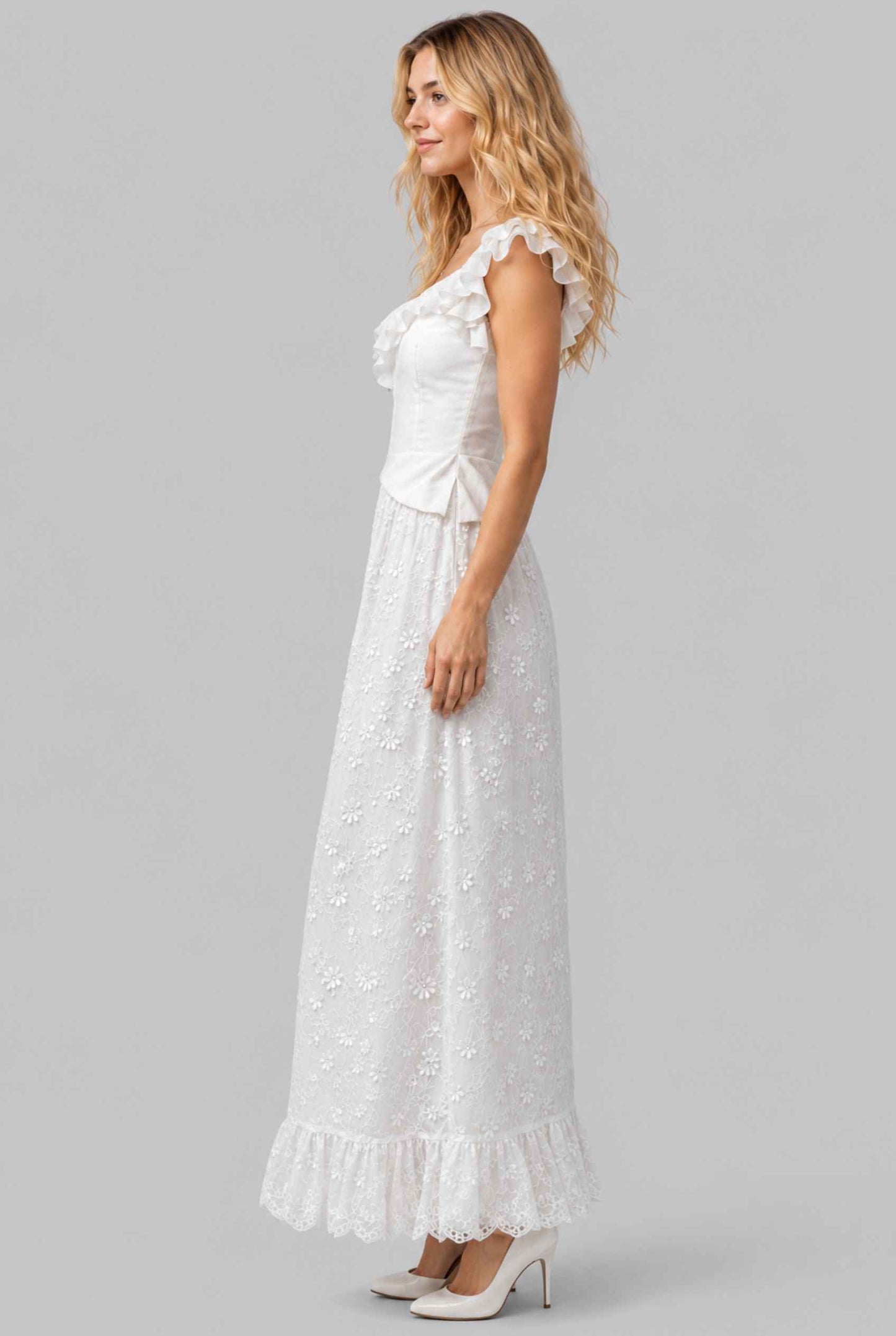 Virtual Model wearing The Genevieve Embroidered Skirt Floral Lace White Flowy Skirt