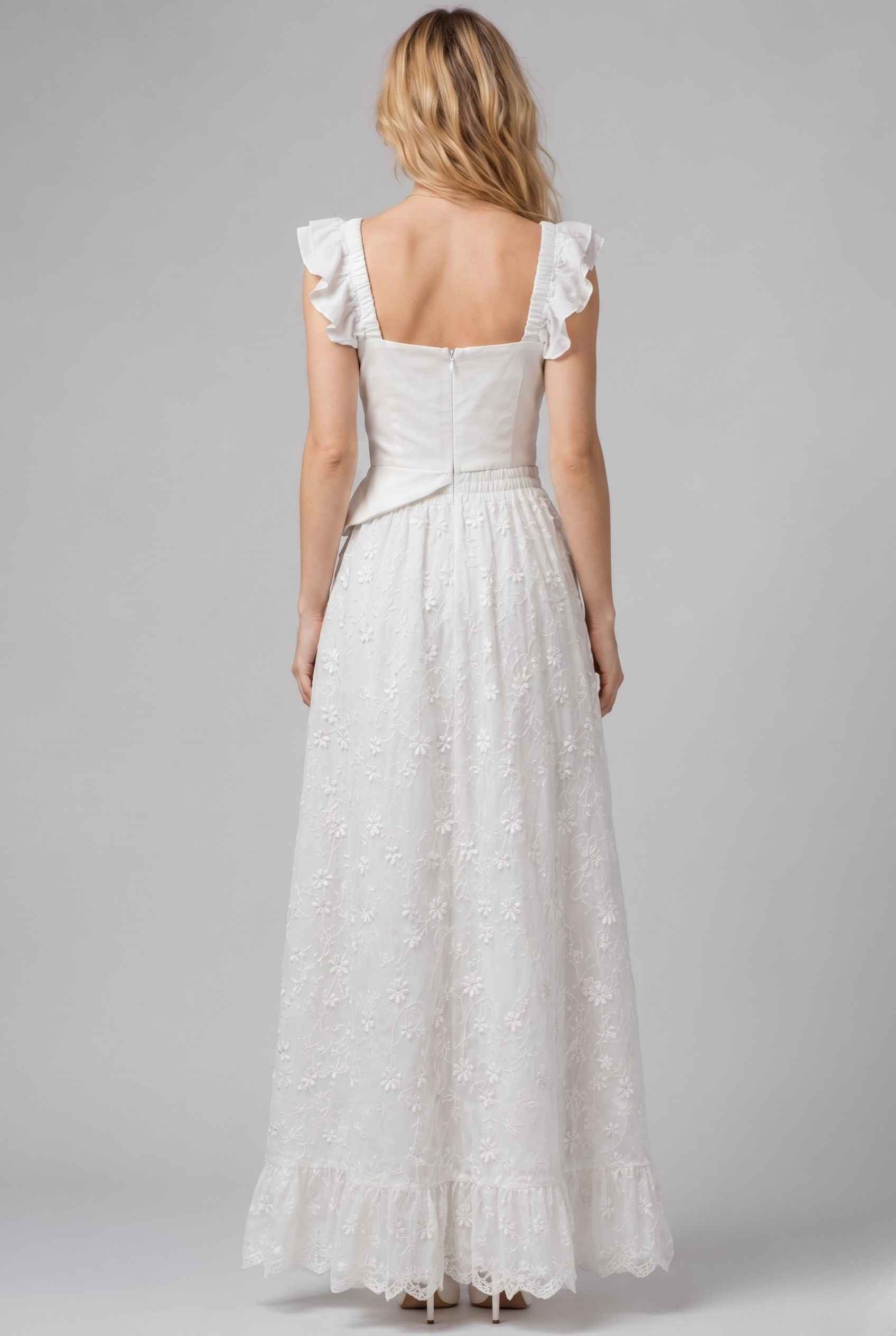 Virtual Model wearing The Genevieve Embroidered Skirt Floral Lace White Flowy Skirt