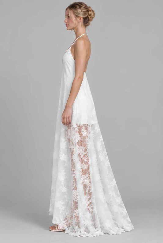Virtual model wearing The Grace Sheer Lace Dress White Floral Lace Halter Maxi Dress