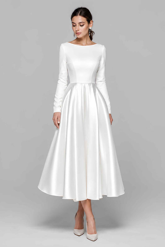 Virtual model wearing The Guinevere Satin Dress White Long-Sleeve Tea-Length Satin Dress
