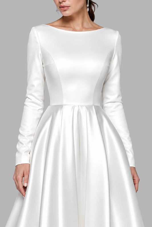 Virtual model wearing The Guinevere Satin Dress White Long-Sleeve Tea-Length Satin Dress