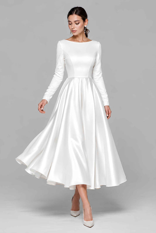 Virtual model wearing The Guinevere Satin Dress White Long-Sleeve Tea-Length Satin Dress