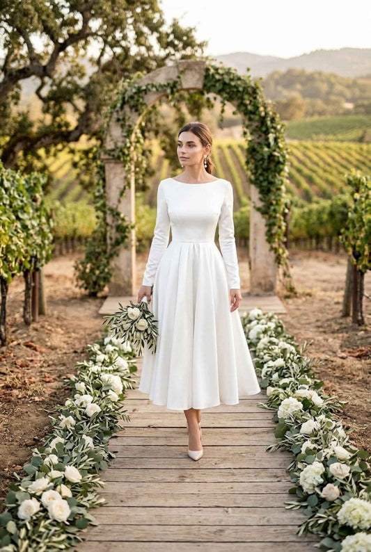 Virtual model wearing The Guinevere Satin Dress White Long-Sleeve Tea-Length Satin Dress