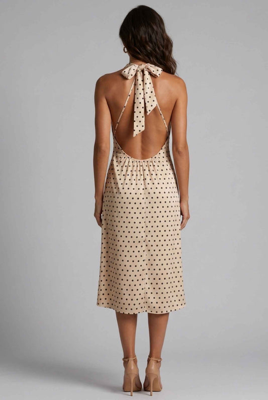 Virtual Model wearing The Harlow Satin Dress Polka-Dot Halter Cream Bow Tied Dress