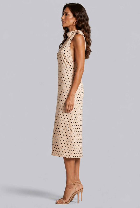 Virtual Model wearing The Harlow Satin Dress Polka-Dot Halter Cream Bow Tied Dress