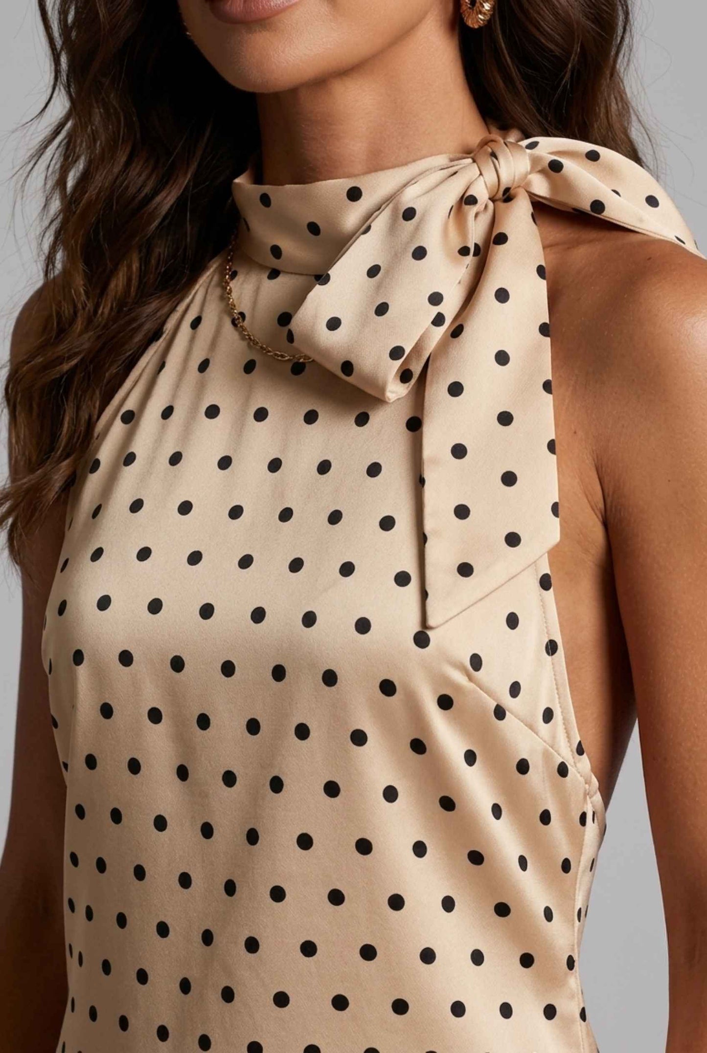 Virtual Model wearing The Harlow Satin Dress Polka-Dot Halter Cream Bow Tied Dress