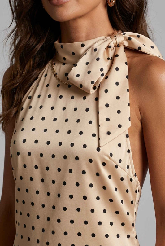 Virtual Model wearing The Harlow Satin Dress Polka-Dot Halter Cream Bow Tied Dress